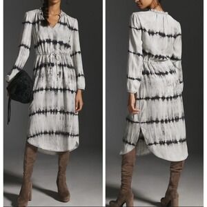 Anthropologie Tie Dye Tencel Lyocell Midi Dress V Neck Long Sleeve XXS